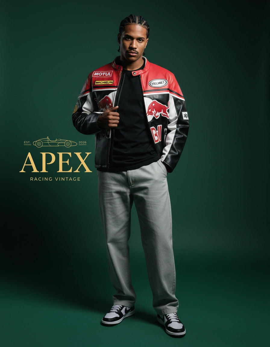 Vintage Inspired Red Bull F1 Leather Jacket with Embroidered Old Money Style and Padded Interior
