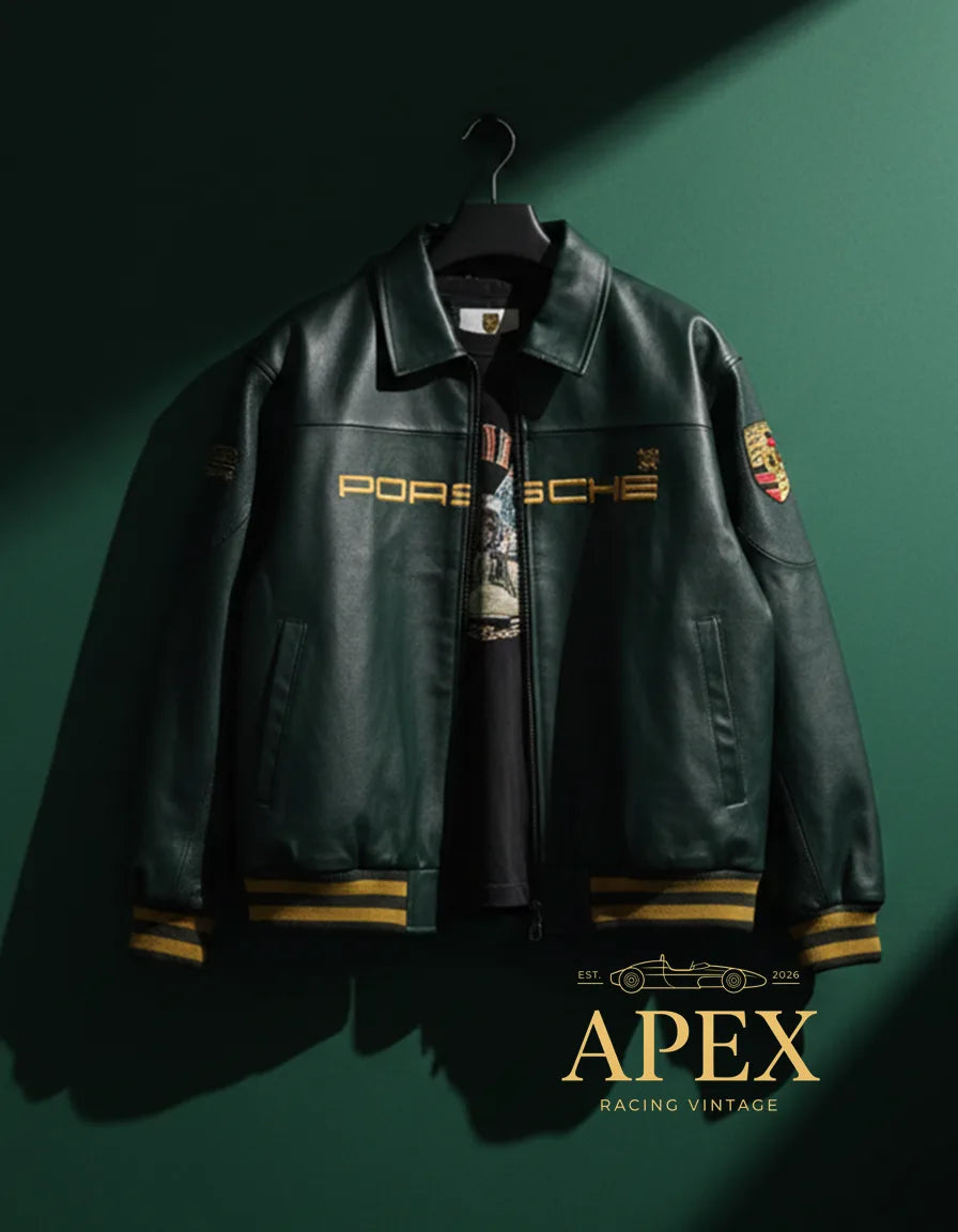 Vintage Inspired Porsche Leather Jacket with Old Money Embroidery and Padded Interior
