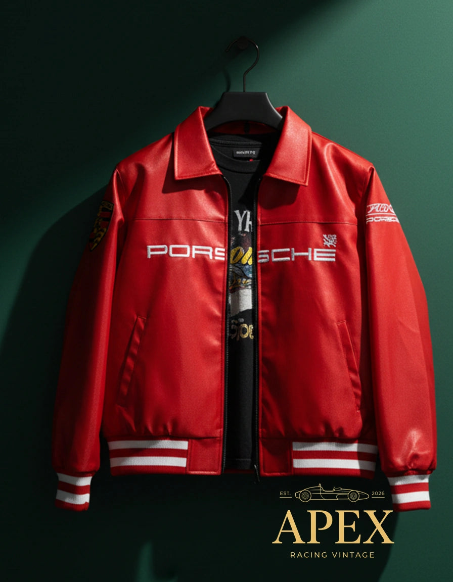 Porsche Leather Racing F1 Jacket with Embroidered Stitched Padded Baggy Unisex Hoodie Design
