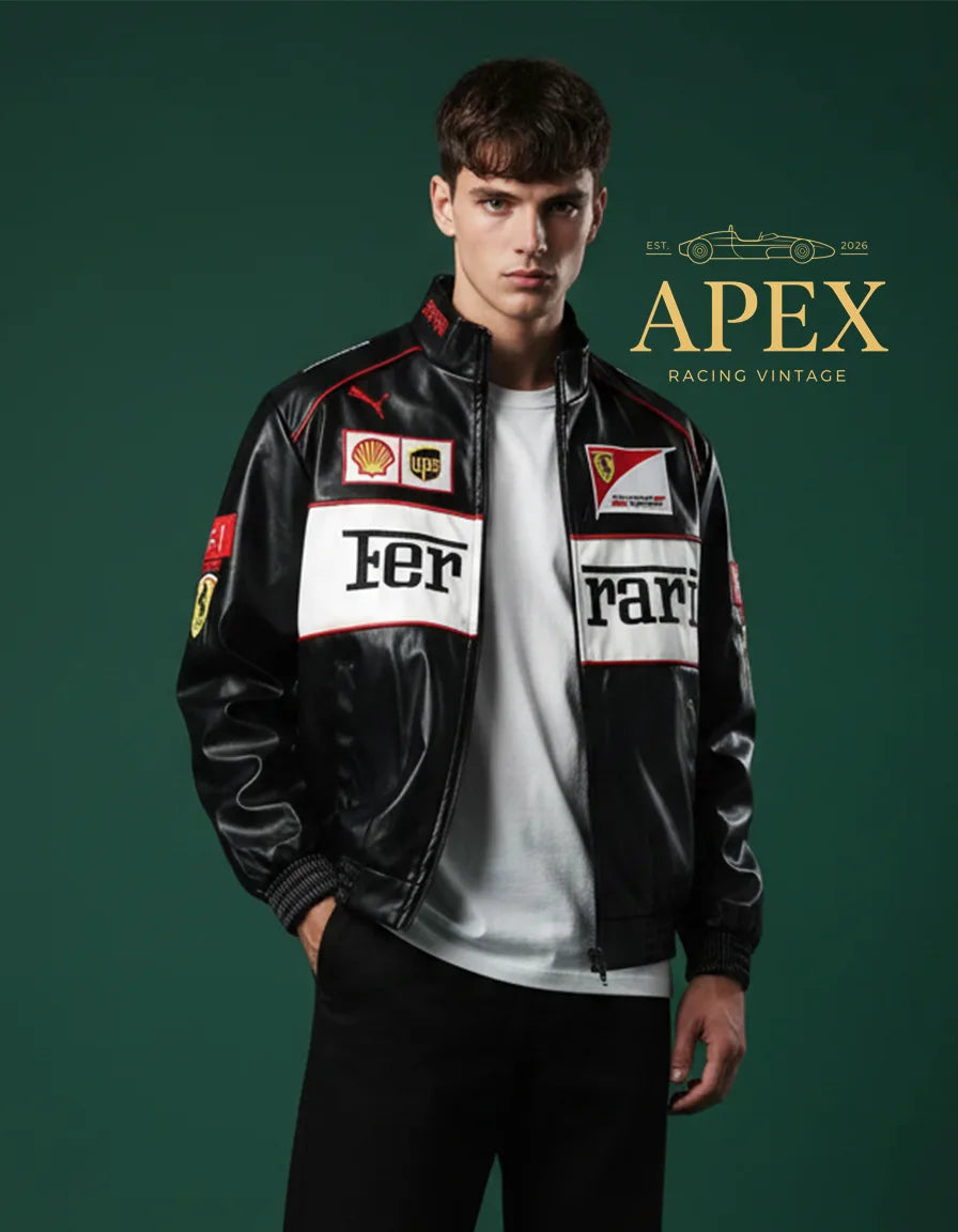 Vintage Inspired Ferrari Leather F1 Jacket with Embroidered Limited Edition Design
