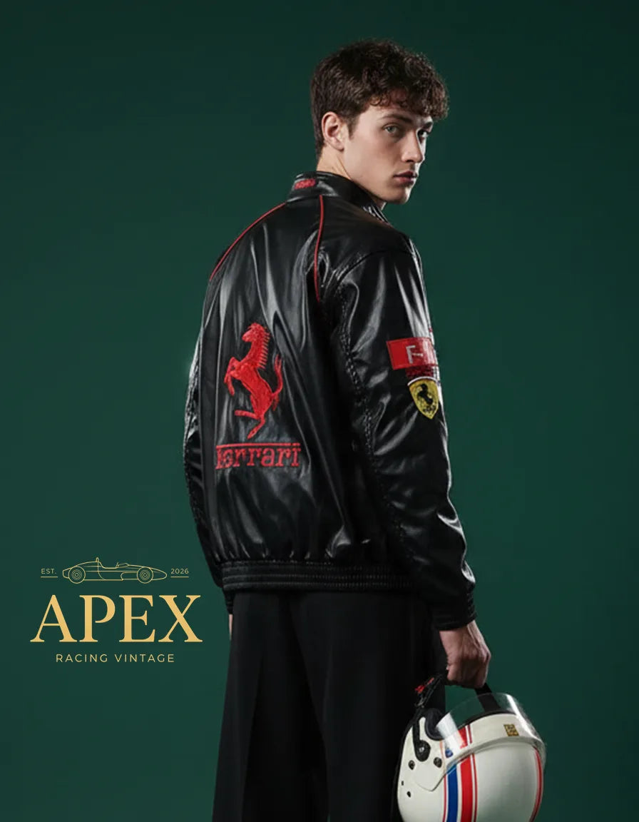 Vintage Inspired Ferrari Leather F1 Jacket with Embroidered Limited Edition Design
