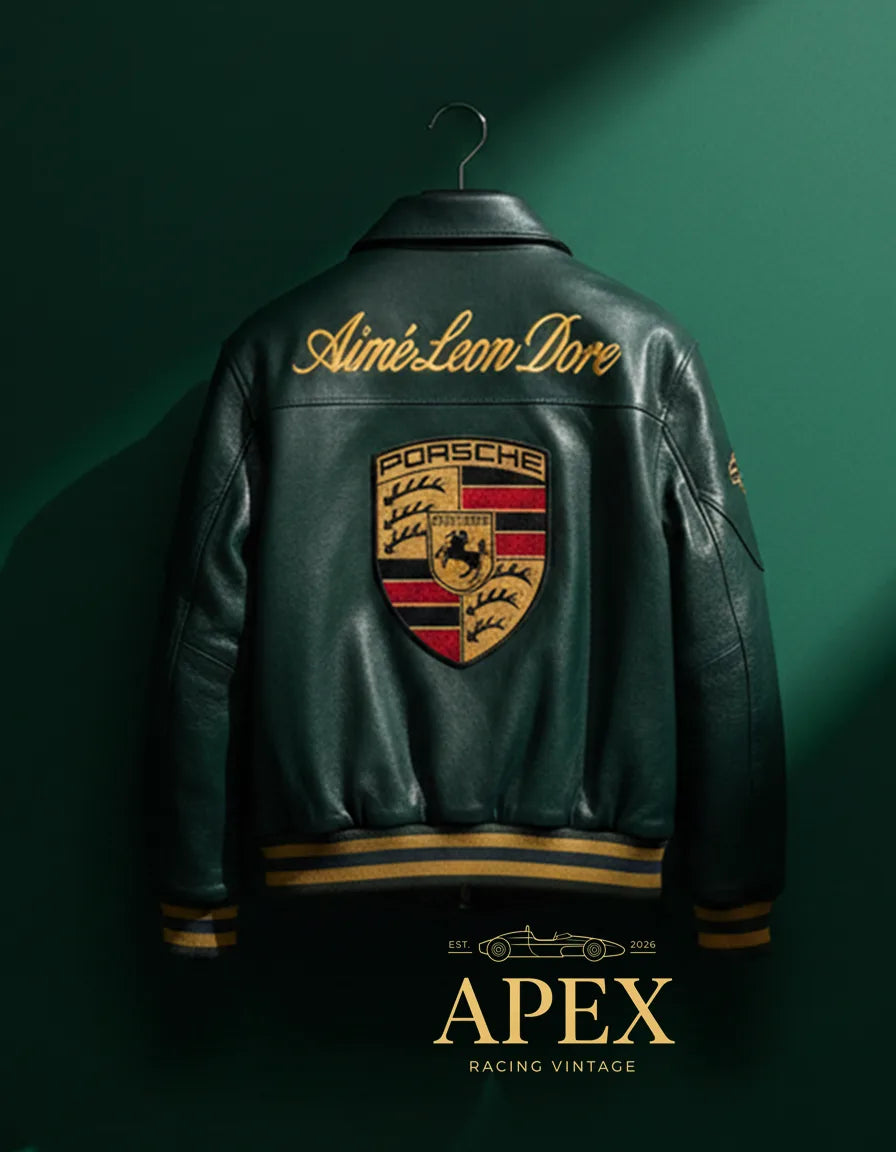 Vintage Inspired Porsche Leather Jacket with Old Money Embroidery and Padded Interior
