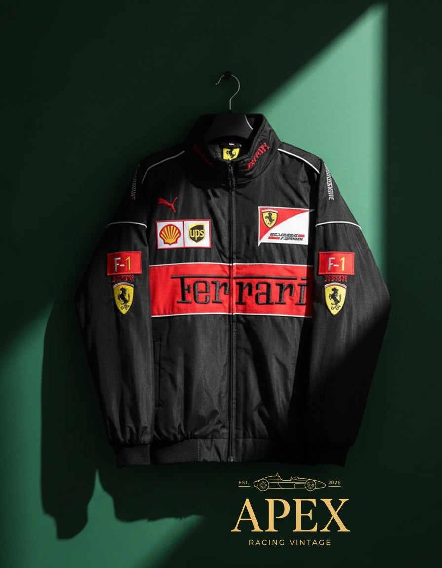 F1 Ferrari Jacket Vintage Black Embroidered Padded Unisex Outdoor Coat Women & Men Hoodie