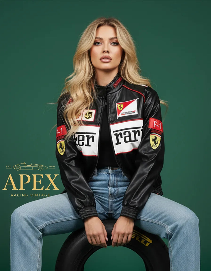 Vintage Inspired Ferrari Leather F1 Jacket with Embroidered Limited Edition Design
