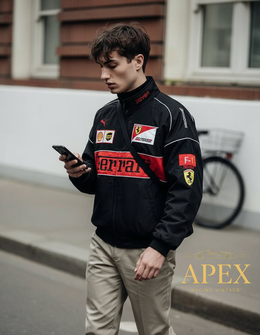 F1 Ferrari Jacket Vintage Black Embroidered Padded Unisex Outdoor Coat Women & Men Hoodie