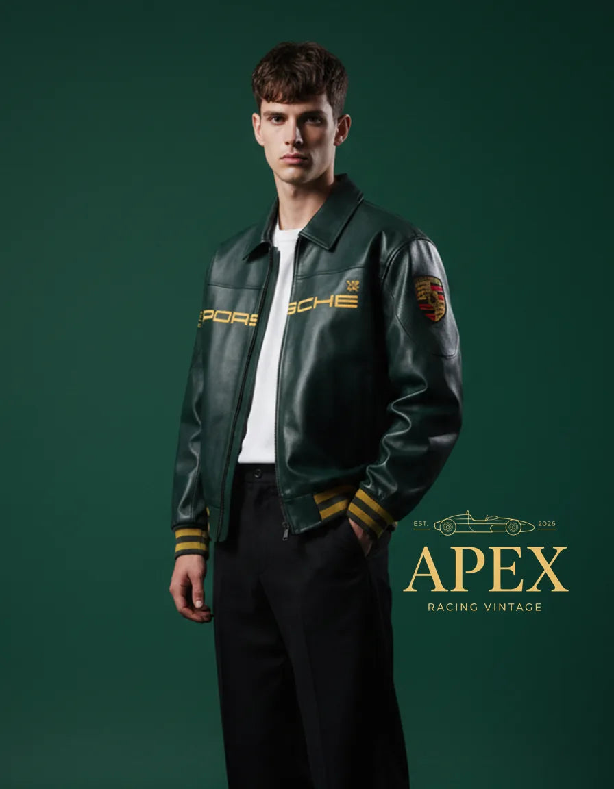Vintage Inspired Porsche Leather Jacket with Old Money Embroidery and Padded Interior
