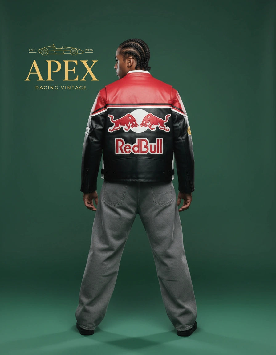 Vintage Inspired Red Bull F1 Leather Jacket with Embroidered Old Money Style and Padded Interior
