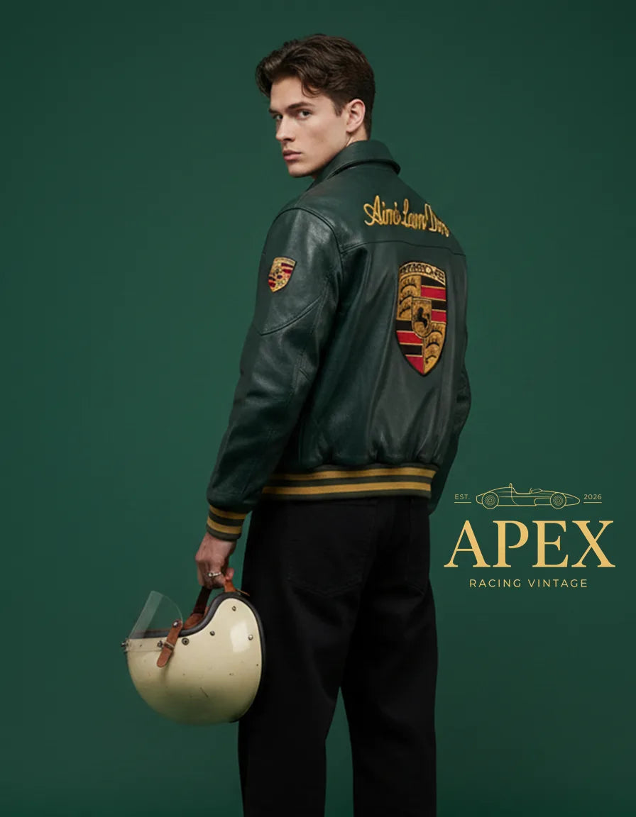 Vintage Inspired Porsche Leather Jacket with Old Money Embroidery and Padded Interior
