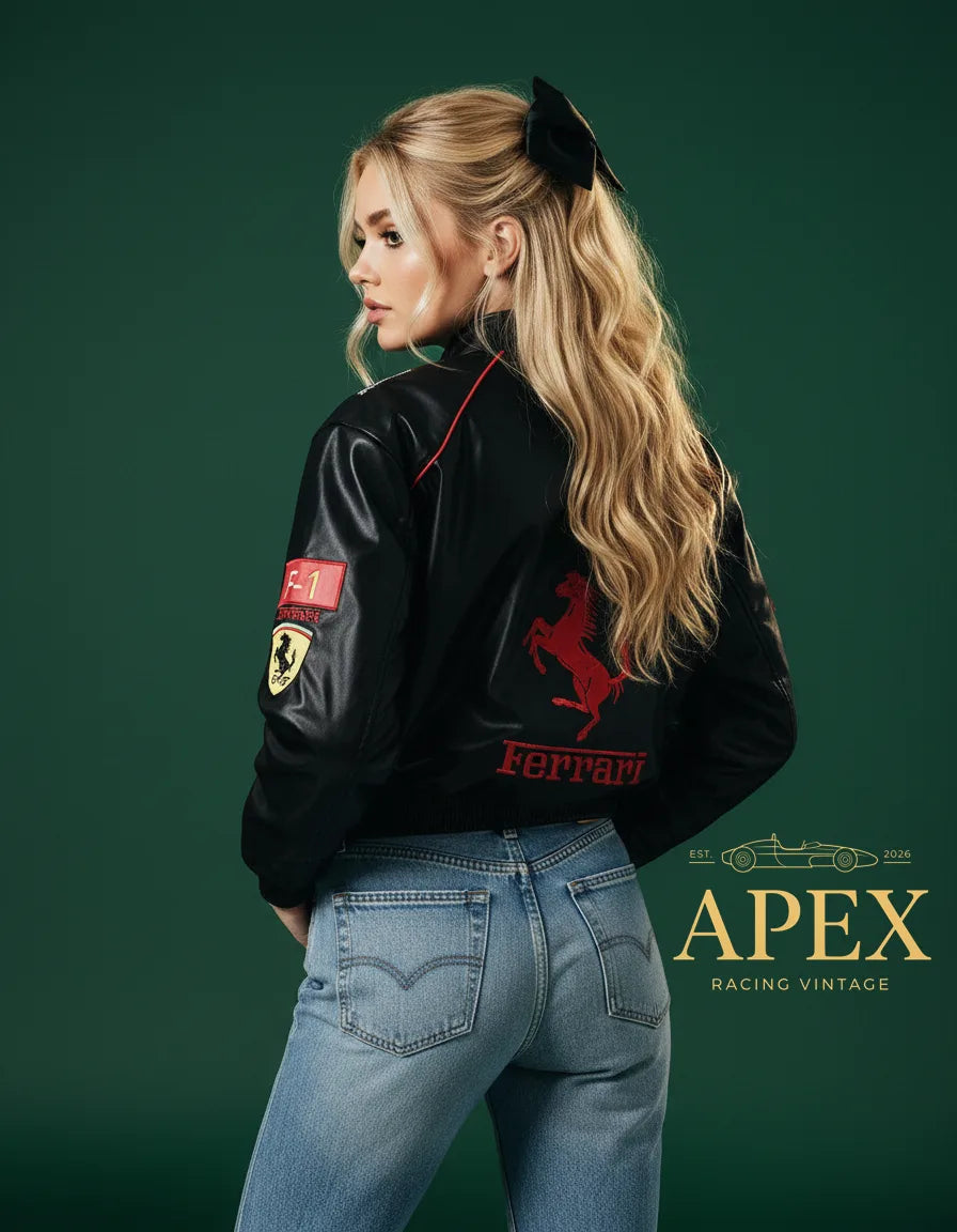 Vintage Inspired Ferrari Leather F1 Jacket with Embroidered Limited Edition Design
