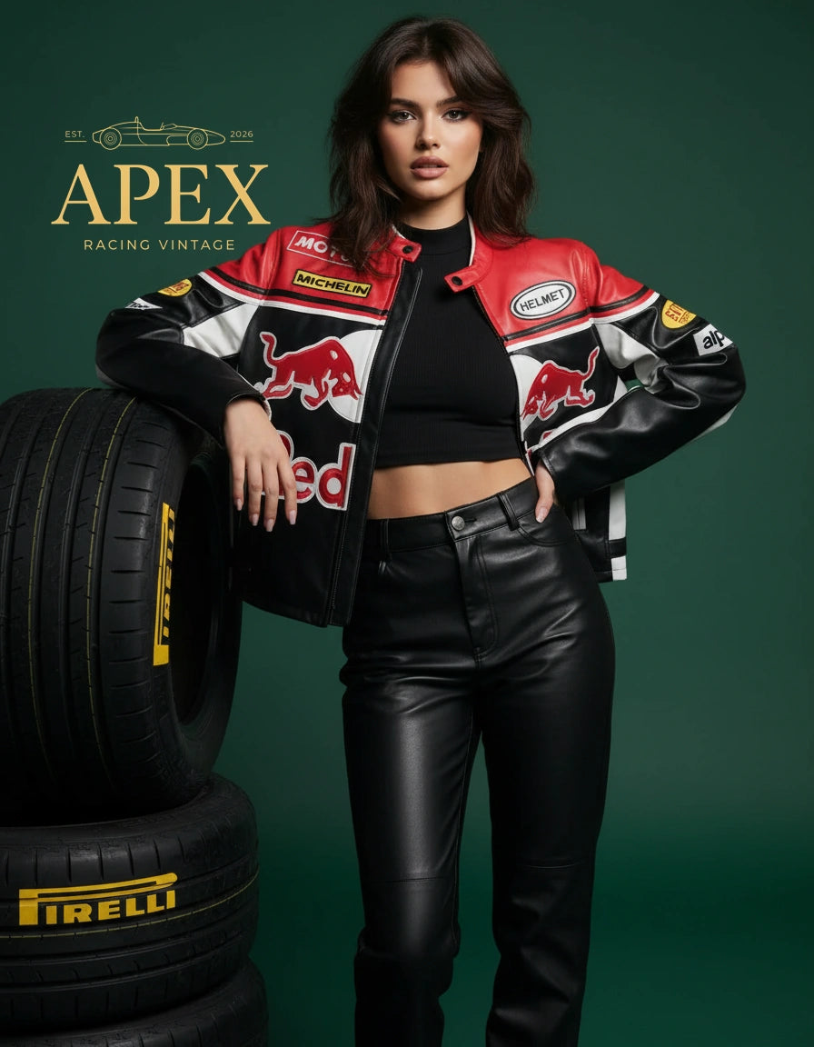 Vintage Inspired Red Bull F1 Leather Jacket with Embroidered Old Money Style and Padded Interior
