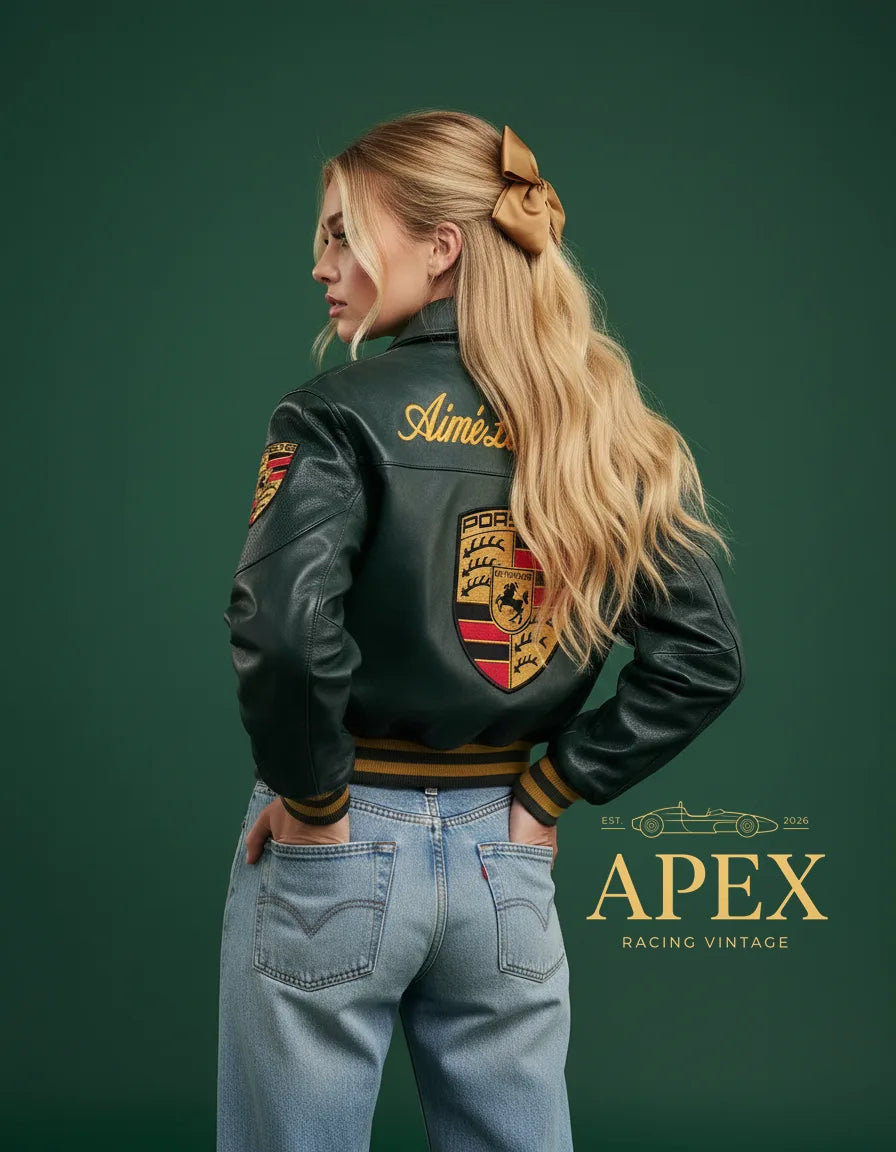 Vintage Inspired Porsche Leather Jacket with Old Money Embroidery and Padded Interior
