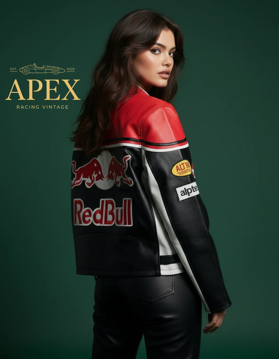 Vintage Inspired Red Bull F1 Leather Jacket with Embroidered Old Money Style and Padded Interior
