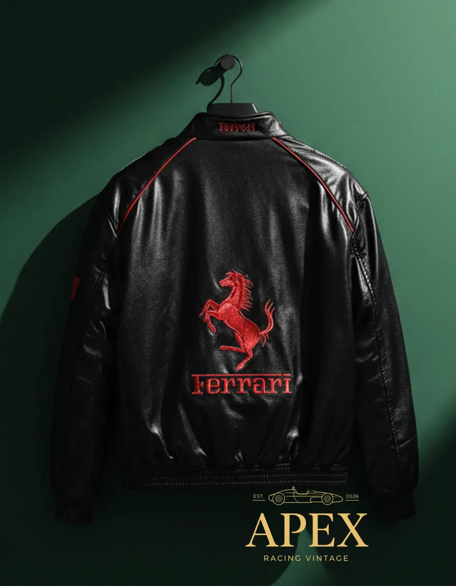 Vintage Inspired Ferrari Leather F1 Jacket with Embroidered Limited Edition Design

