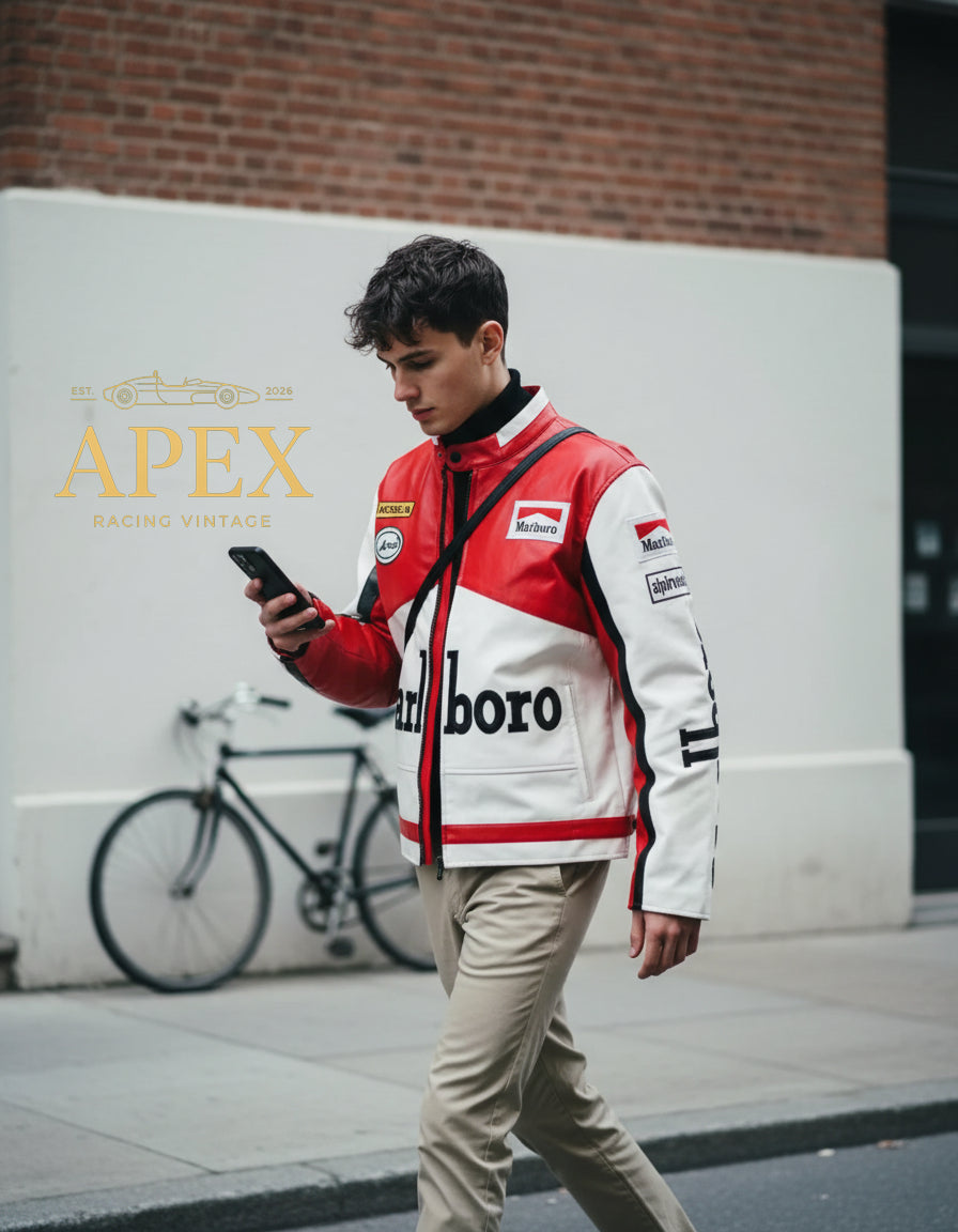 Vintage Inspired Formula 1 Marlboro Leather Jacket with Embroidered Unisex Padded Design
