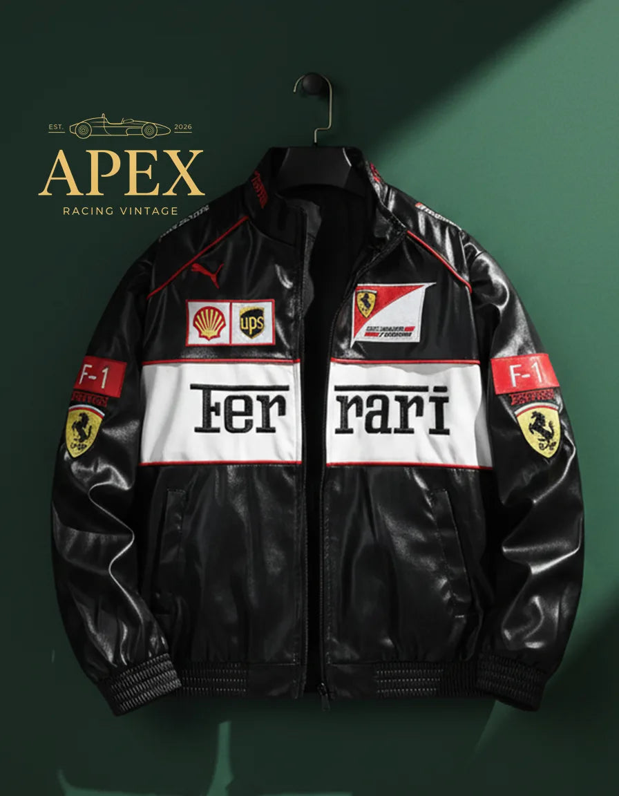 Vintage Inspired Ferrari Leather F1 Jacket with Embroidered Limited Edition Design
