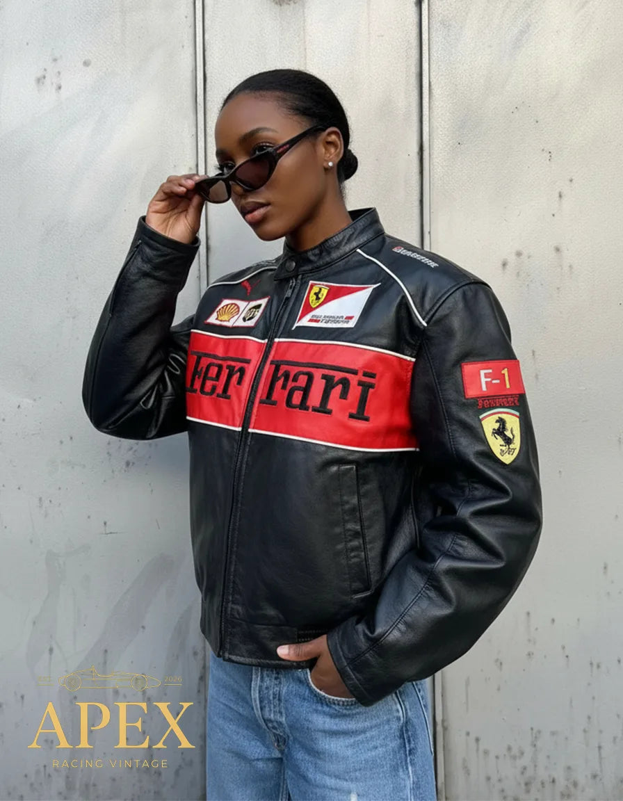 Vintage Ferrari Leather F1 Jacket with Embroidered Unisex Limited Edition Design
