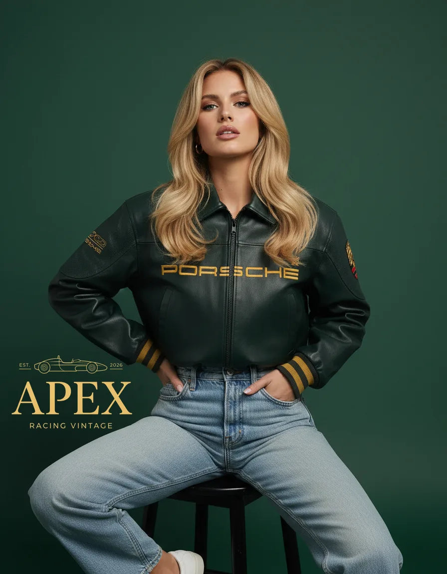 Vintage Inspired Porsche Leather Jacket with Old Money Embroidery and Padded Interior
