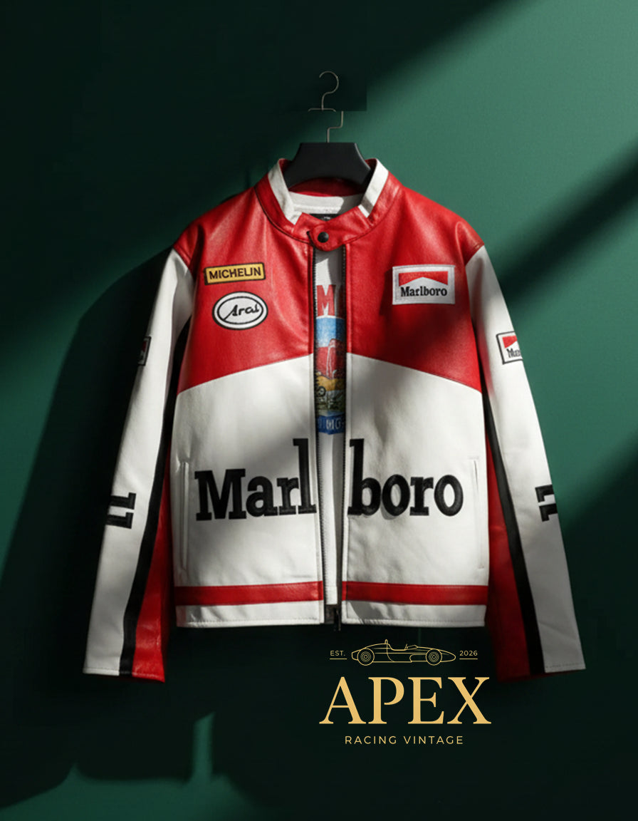 Vintage Inspired Formula 1 Marlboro Leather Jacket with Embroidered Unisex Padded Design
