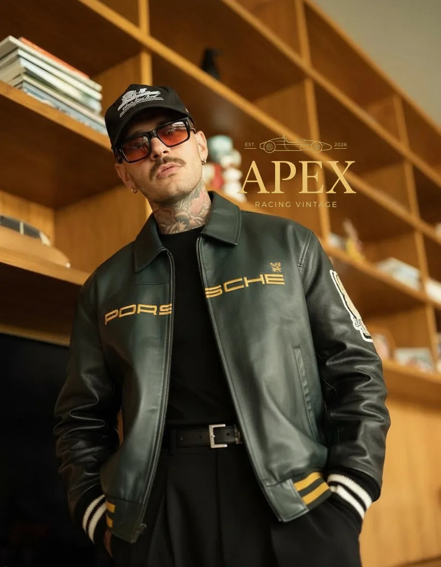 Vintage Inspired Porsche Leather Jacket with Old Money Embroidery and Padded Interior
