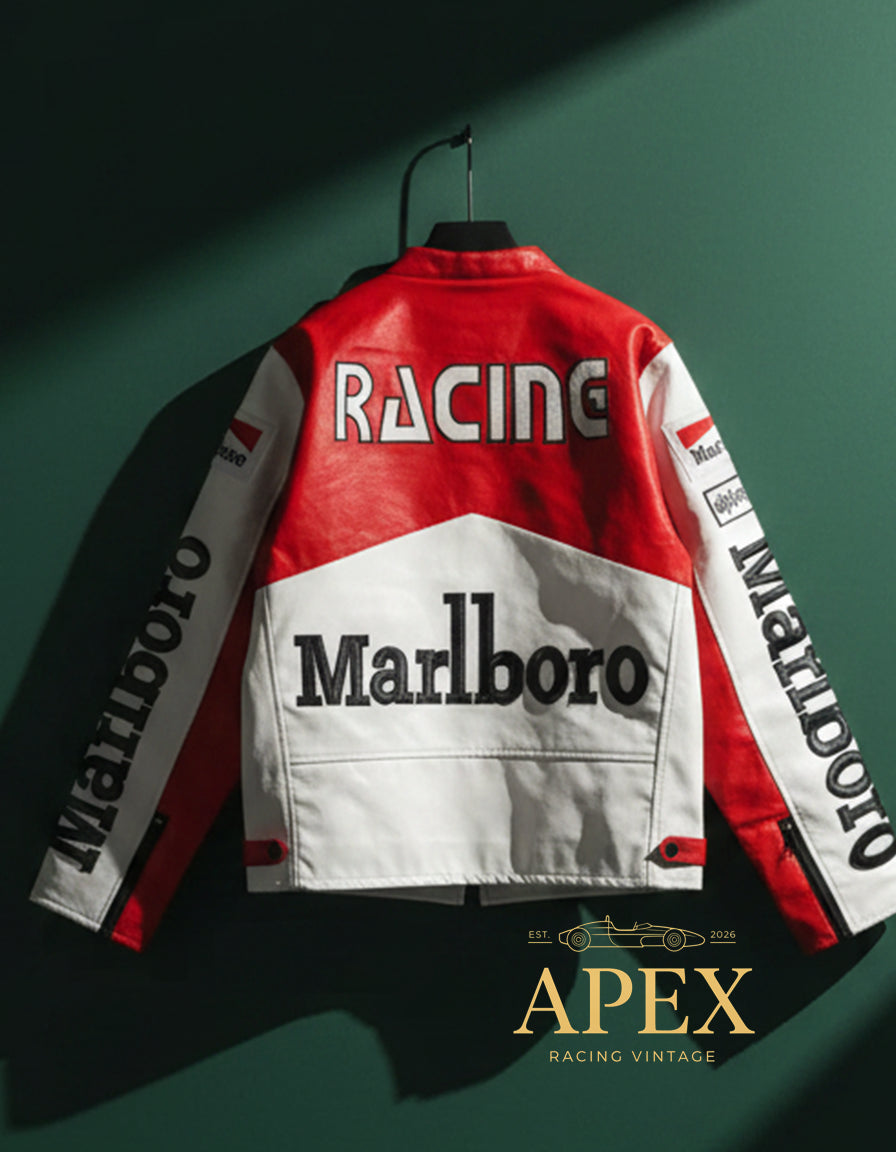 Vintage Inspired Formula 1 Marlboro Leather Jacket with Embroidered Unisex Padded Design
